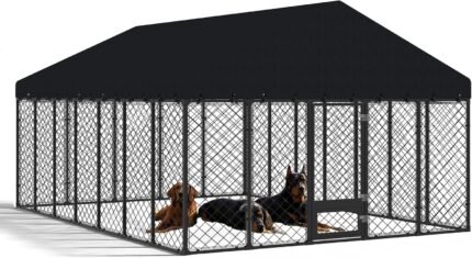 10x14FT Outdoor Dog Kennel with Roof and Feeding Door