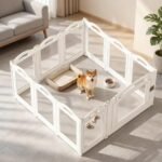 Foldable Clear Acrylic Dog Playpen with Door, 23.6″ Acrylic Puppy Playpen, Easy Assemble Indoor Pet Fence with White Frame, Clear Dog Playpen for Puppies & Animal