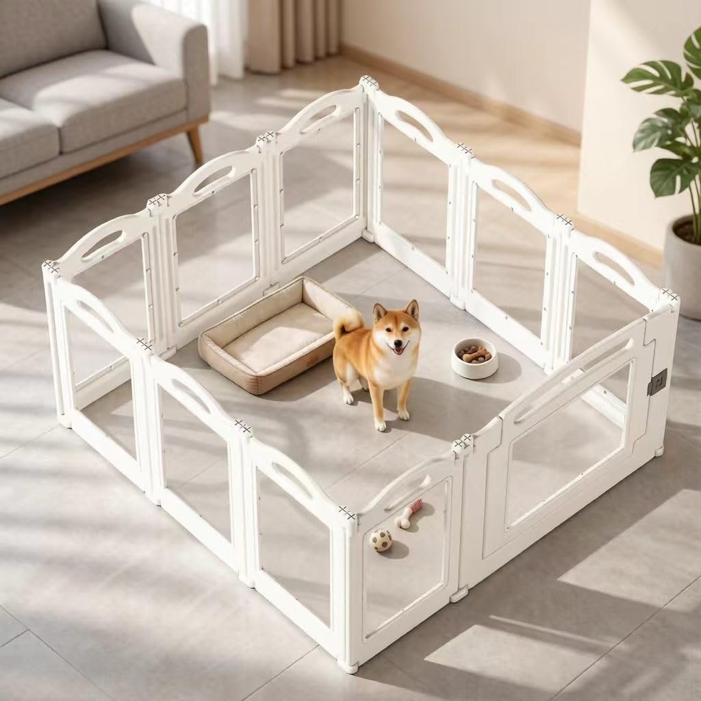 Foldable Clear Acrylic Dog Playpen with Door, 23.6″ Acrylic Puppy Playpen, Easy Assemble Indoor Pet Fence with White Frame, Clear Dog Playpen for Puppies & Animal Foldable Clear Acrylic Dog Playpen with Door, 23.6″ Acrylic Puppy Playpen, Easy Assemble Indoor Pet Fence with White Frame, Clear Dog Playpen for Puppies & Animal