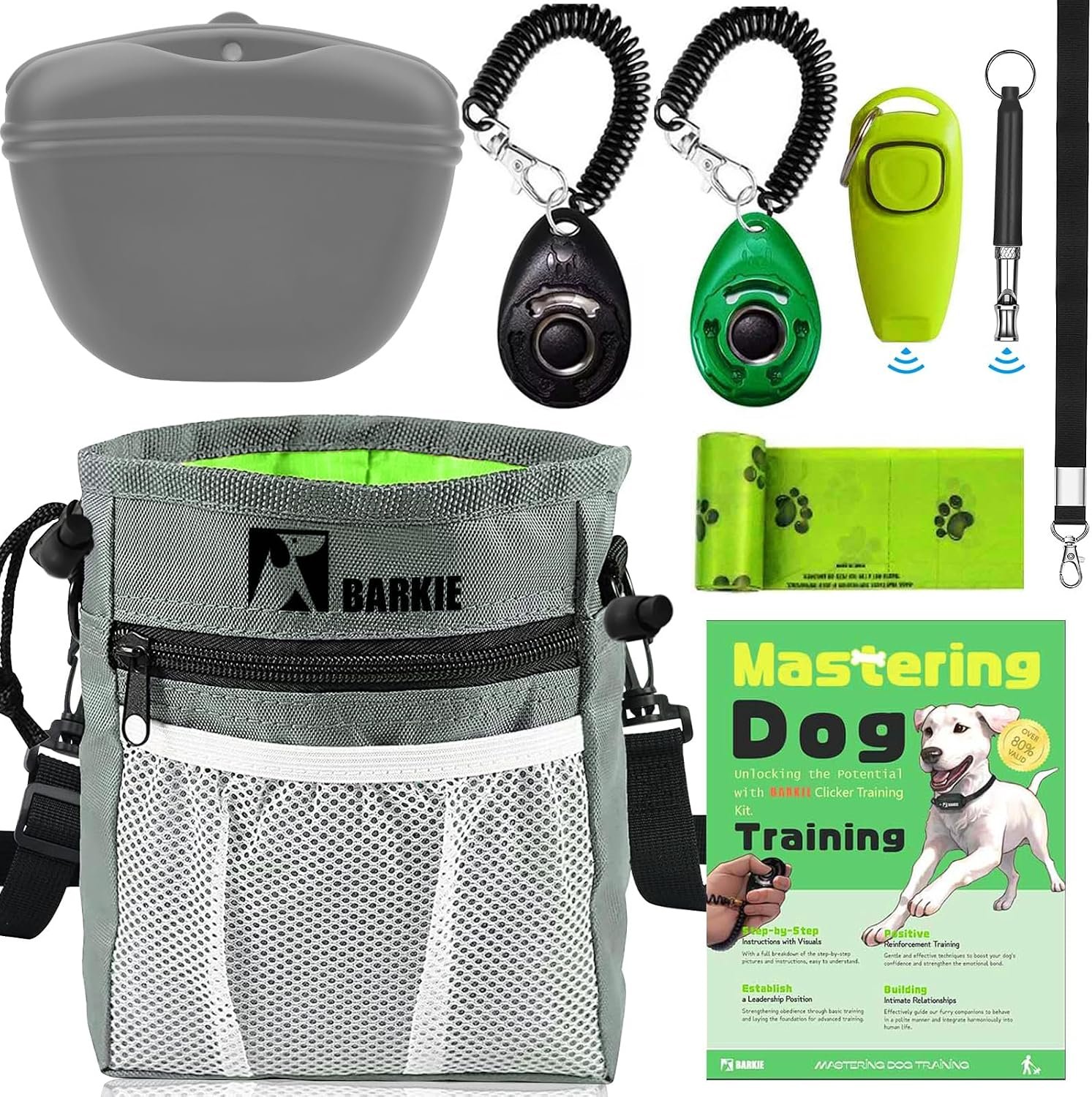 BARKIE Dog Training Kit – Treat Pouch, Pet Training Fanny Pack, 2 Puppy Training Clickers, Ultrasonic Silent Whistle, 2-in-1 Whistle Clicker, Clicker Training Guide Booklet, Dog Poop Bag (Grey) BARKIE Dog Training Kit – Treat Pouch, Pet Training Fanny Pack, 2 Puppy Training Clickers, Ultrasonic Silent Whistle, 2-in-1 Whistle Clicker, Clicker Training Guide Booklet, Dog Poop Bag (Grey)