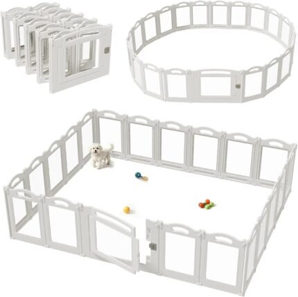 Foldable Clear Acrylic Dog Playpen with Door, 23.6″ Acrylic Puppy Playpen, Easy Assemble Indoor Pet Fence with White Frame, Clear Dog Playpen for Puppies & Animal (White, 23.6‘H, 20 Panels + 1 Door)