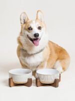 LE TAUCI PET Ceramic Dog Bowls for Medium Small Dogs - 4 Cup Medium Dog Food and Water Bowls with Wood Stand, Cute Pet Dishes Set of 2, Lines+Dot - Image 6