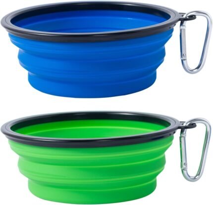 Dog Bowl Pet Collapsible Bowls, 2 Pack Collapsible Dog Water Bowls for Cats Dogs, Portable Pet Feeding Watering Dish for Walking Parking Traveling with 2 Carabiners (Blue+Green, Medium)