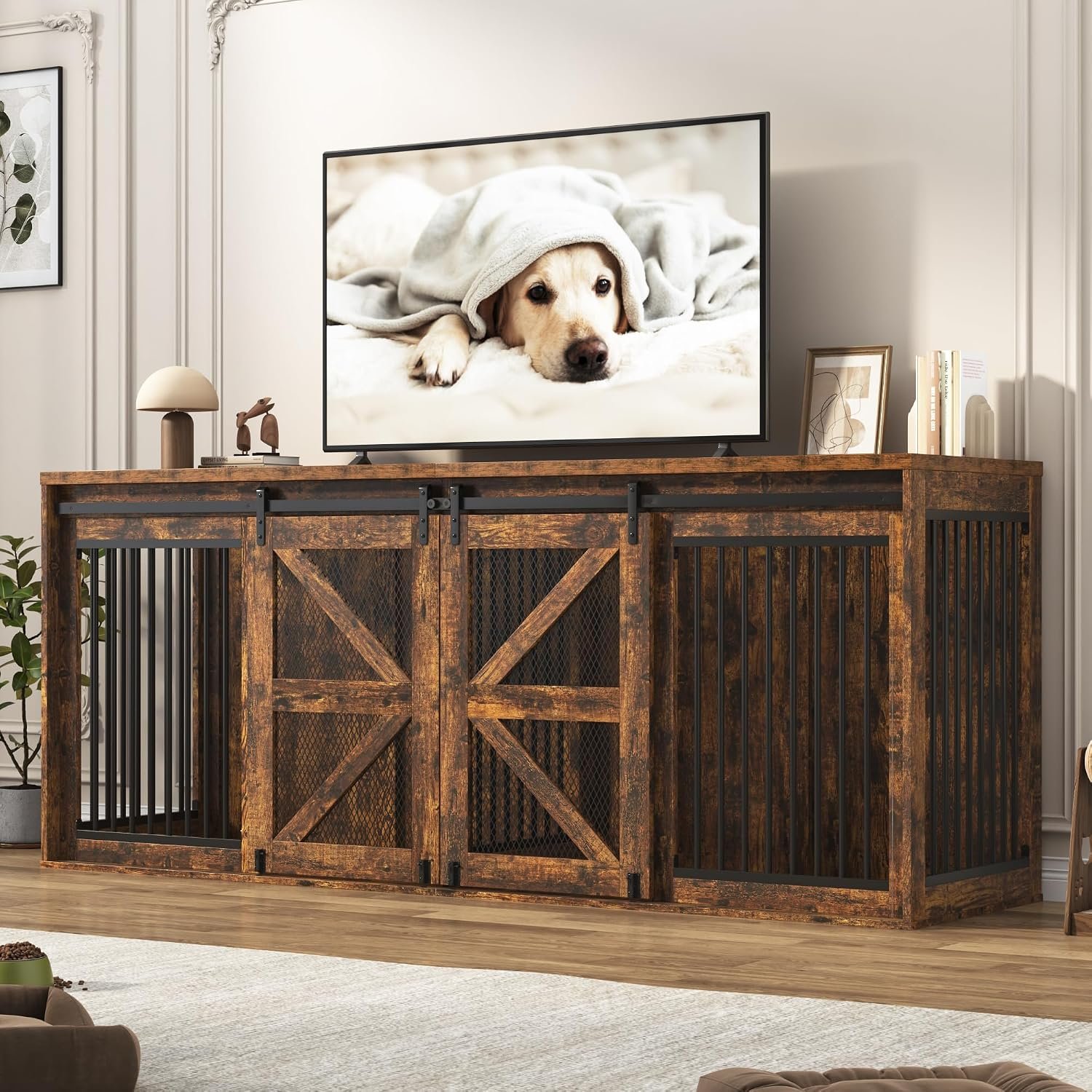 jiteentarou87In Farmhouse Dog Crate TV Stand, Wooden Dog Kennel Furniture with Sliding Metal Mesh Barn Door, Large Dog Crate Furniture for 2 Dogs, Solid Metal Tube & 2 Lockable Doors, Rustic Brown jiteentarou87In Farmhouse Dog Crate TV Stand, Wooden Dog Kennel Furniture with Sliding Metal Mesh Barn Door, Large Dog Crate Furniture for 2 Dogs, Solid Metal Tube & 2 Lockable Doors, Rustic Brown