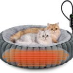 INVENHO Heated Cat Beds for Indoor Cats and Small Dogs, 24″ Cozy Donut Heated Pet Bed with Timer & Temp Adjustable, Removable Waterproof Electric Warming Bed for Indoor Cat
