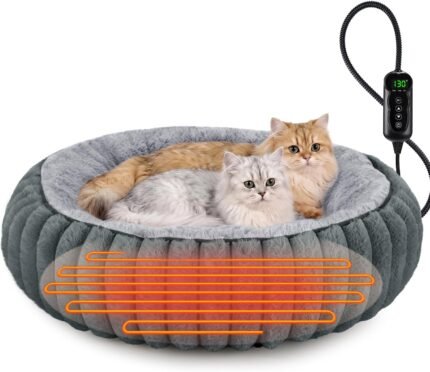 INVENHO Heated Cat Beds for Indoor Cats and Small Dogs, 24″ Cozy Donut Heated Pet Bed with Timer & Temp Adjustable, Removable Waterproof Electric Warming Bed for Indoor Cat