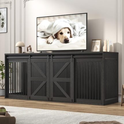 jiteentarou87In Farmhouse Dog Crate TV Stand, Wooden Dog Kennel Furniture with Sliding Metal Mesh Barn Door, Large Dog Crate Furniture for 2 Dogs, Solid Metal Tube & 2 Lockable Doors, Wood Grain Black