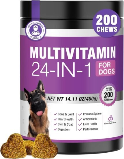 24-in-1 Dog Vitamins and Supplements 200 Ct Dogs Multivitamin Chewable Contain Chondroitin Probiotics Omega-3 Glucosamine for Dogs Skin Coat Heart Joint Gut Liver Brain Immune Support – Peanut Butter