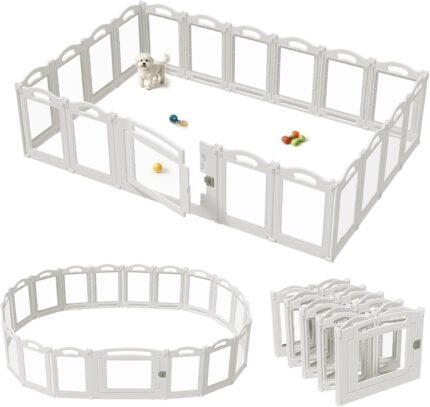 Foldable Clear Acrylic Dog Playpen with Door, 23.6″ Acrylic Puppy Playpen, Easy Assemble Indoor Pet Fence with White Frame, Clear Dog Playpen for Puppies & Animal (White, 23.6‘H, 18 Panels + 1 Door)