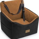 JOEJOY Dog Car Seats for Small Medium Dogs Under 35lbs, Dog Booster Seat with Detachable Washable Cover and Cushion, Memory Foam Pet Car Seat with Safety Belt and Storage Pockets (Brown)