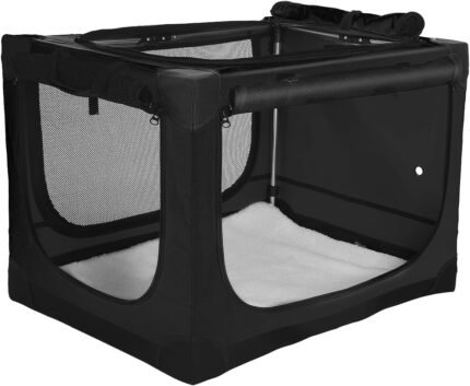 33 x 25 x 25 Inch Collapsible Soft Dog Crate for Dogs Up to 70 lbs, Portable Travel Pet Kennel with 4 Zip Doors, Foldable Indoor Outdoor Crate with Mat, Carry Bag, Black