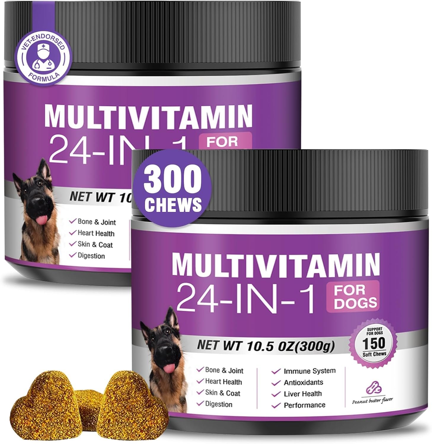 24-in-1 Dog Vitamins and Supplements 300 Ct Dogs Multivitamin Chewable Contain Chondroitin Probiotics Omega-3 Glucosamine for Dogs Skin Coat Heart Joint Gut Liver Brain Immune Support – Peanut Butter 24-in-1 Dog Vitamins and Supplements 300 Ct Dogs Multivitamin Chewable Contain Chondroitin Probiotics Omega-3 Glucosamine for Dogs Skin Coat Heart Joint Gut Liver Brain Immune Support – Peanut Butter
