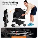BestPet | 3-Wheel Pet Stroller | Dog and Cat Stroller | Breathable Mesh | Lightweight Travel Carrier | Waterproof & Foldable Design | Storage Basket | Black | for Daily Walks & Outdoor Use - Image 3