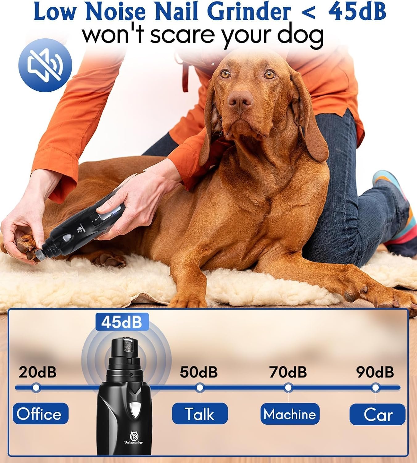 Petsaunter Dog Nail Grinder, 2-Speed and LED Light, Touch-Switch, TypeC, Quiet and Low-Vibration Dog Nail Trimmers, and 3 Ports for Large Dogs, Medium, Small Dogs Cats Pets with Hard or Thick Nail - Image 5