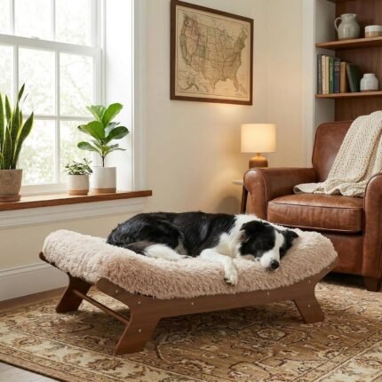 Muihood Elevated Wood Dog Bed Frame with Foam Mattress, WalnutPattern, L