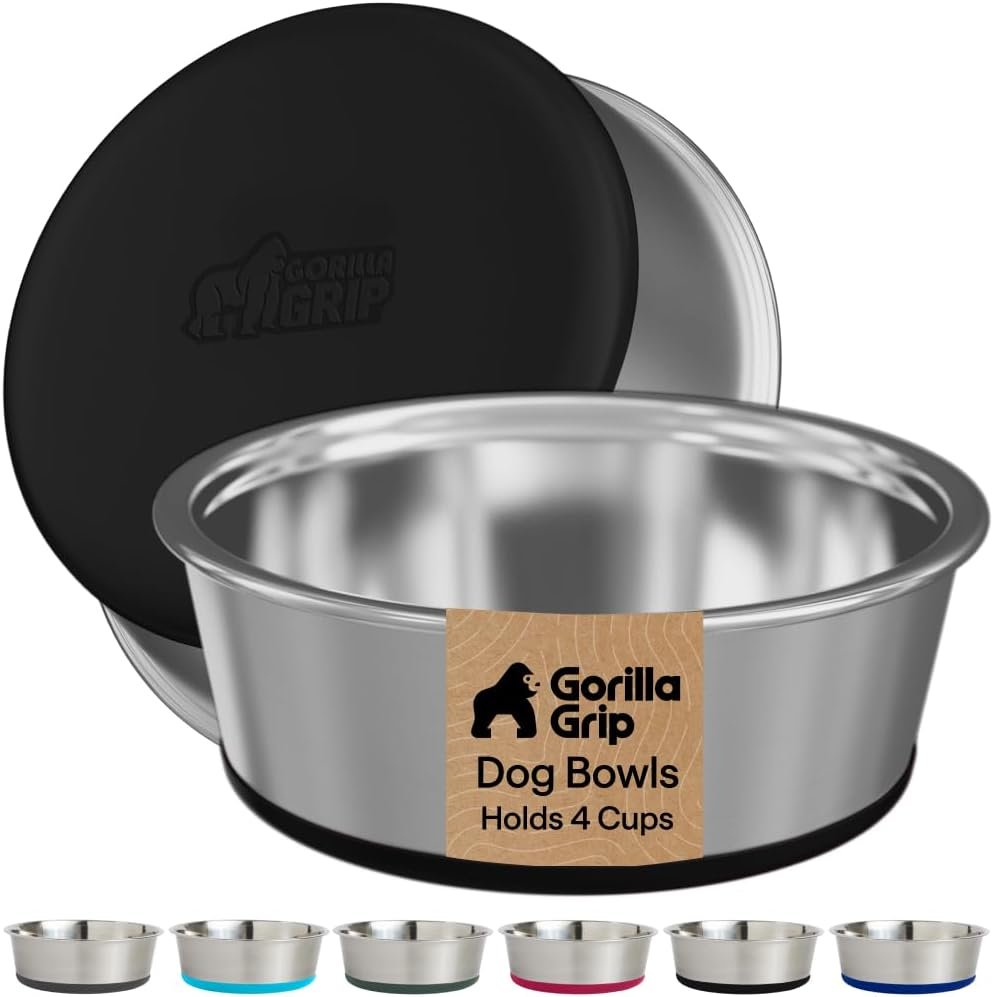 GORILLA GRIP Dog Bowl Set, Food Grade 304 Stainless Steel, 4 Cup, Black GORILLA GRIP Dog Bowl Set, Food Grade 304 Stainless Steel, 4 Cup, Black