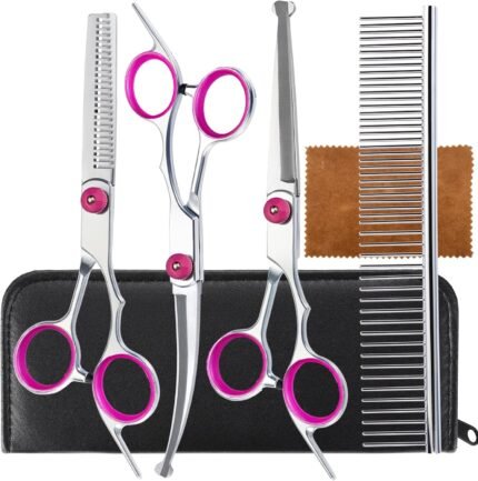 5 in 1 Premium Dog Grooming Scissors, Professional Dog Scissors for Grooming with Safety Round Tips, Lengnoyp Stainless Steel Thinning Shears, Pet Cat Shears for Grooming Kit, Pink