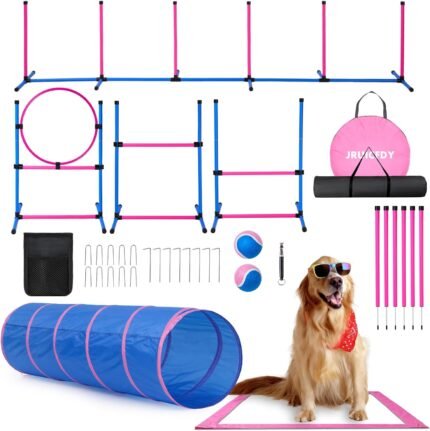 Dog Agility Course Backyard Set, Dog Agility Equipment, Pet obstacle Course Backyard with 6 Dual Mode Weave Poles, 2 Adjustable Hurdle, Jump Ring, Tunnel, Pause Box, Toy Balls and 2 Carrying Bags,Pink