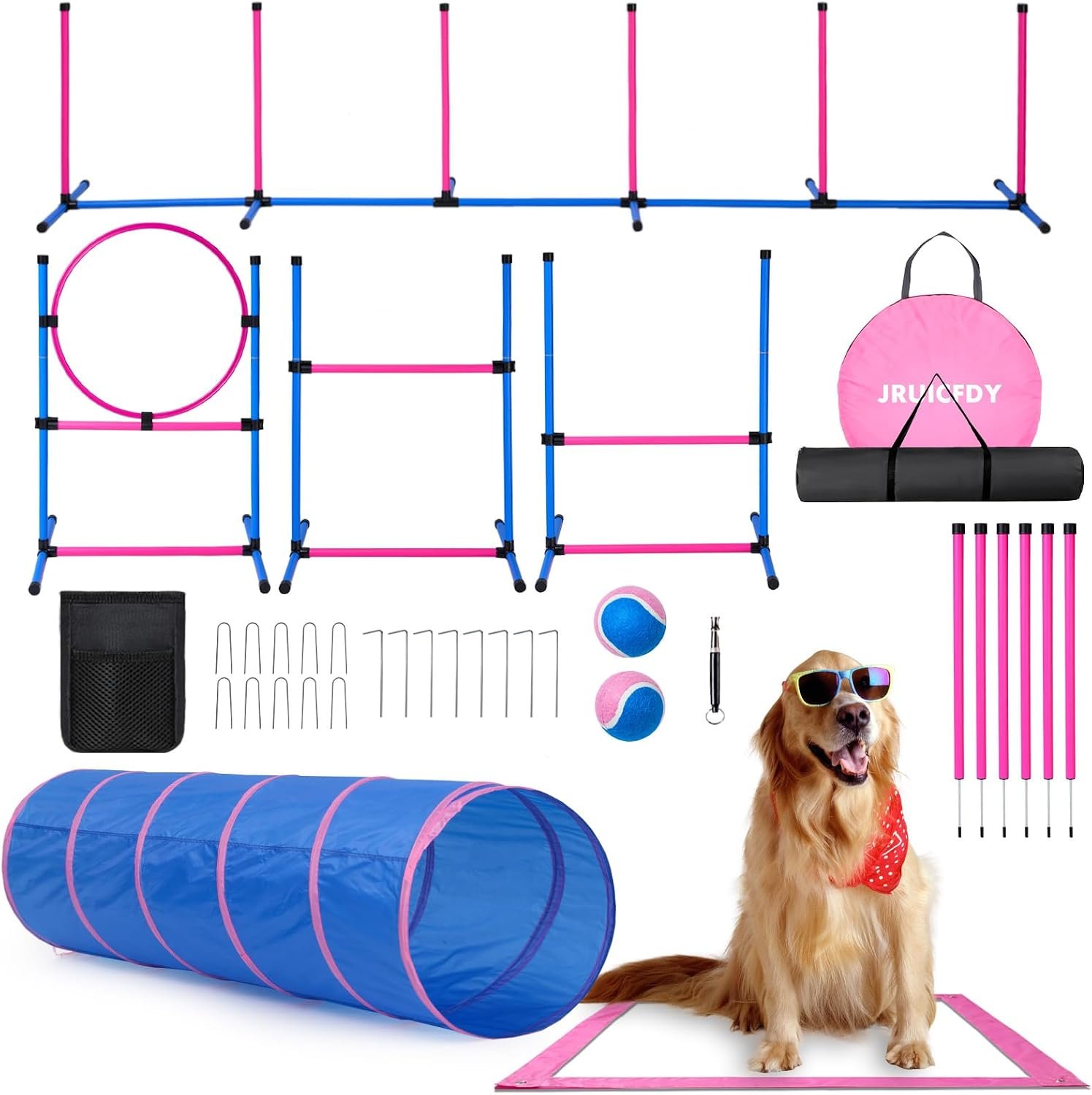 Dog Agility Course Backyard Set, Dog Agility Equipment, Pet obstacle Course Backyard with 6 Dual Mode Weave Poles, 2 Adjustable Hurdle, Jump Ring, Tunnel, Pause Box, Toy Balls and 2 Carrying Bags,Pink Dog Agility Course Backyard Set, Dog Agility Equipment, Pet obstacle Course Backyard with 6 Dual Mode Weave Poles, 2 Adjustable Hurdle, Jump Ring, Tunnel, Pause Box, Toy Balls and 2 Carrying Bags,Pink
