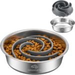 2-in-1 Metal Dog Bowl with Slow Feeder Insert, Stainless Steel Dog Bowls Food Grade 304, Water Food Bowl with Anti-Slip Silicone Base for Small, Medium, Large Breed Dogs
