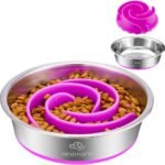 2-in-1 Metal Dog Bowl with Slow Feeder Insert, Stainless Steel Dog Bowls Food Grade 304, Water Food Bowl with Anti-Slip Silicone Base for Small & Medium Dogs(Purple, 3 Cups)