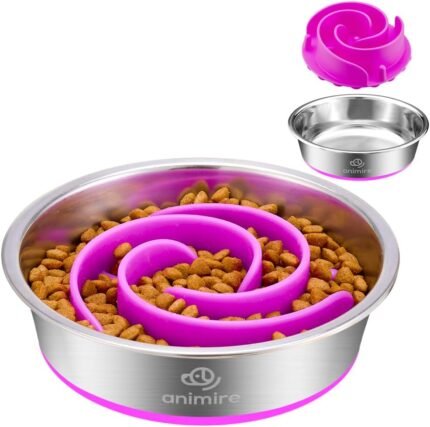 2-in-1 Metal Dog Bowl with Slow Feeder Insert, Stainless Steel Dog Bowls Food Grade 304, Water Food Bowl with Anti-Slip Silicone Base for Small & Medium Dogs(Purple, 3 Cups)