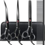 TINMARDA Dog Grooming Kit, Titanium Black Stainless Steel Dog Grooming Scissors with Curved Shears, Black Finger Rings – 4 Piece Sharp Durable Pet Shears for Dogs Cats At Home Salon-Quality Grooming