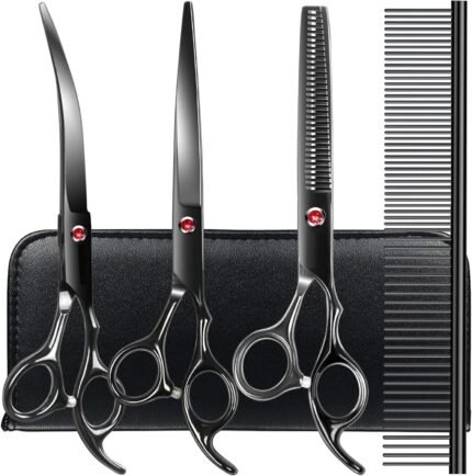 TINMARDA Dog Grooming Kit, Titanium Black Stainless Steel Dog Grooming Scissors with Curved Shears, Black Finger Rings – 4 Piece Sharp Durable Pet Shears for Dogs Cats At Home Salon-Quality Grooming