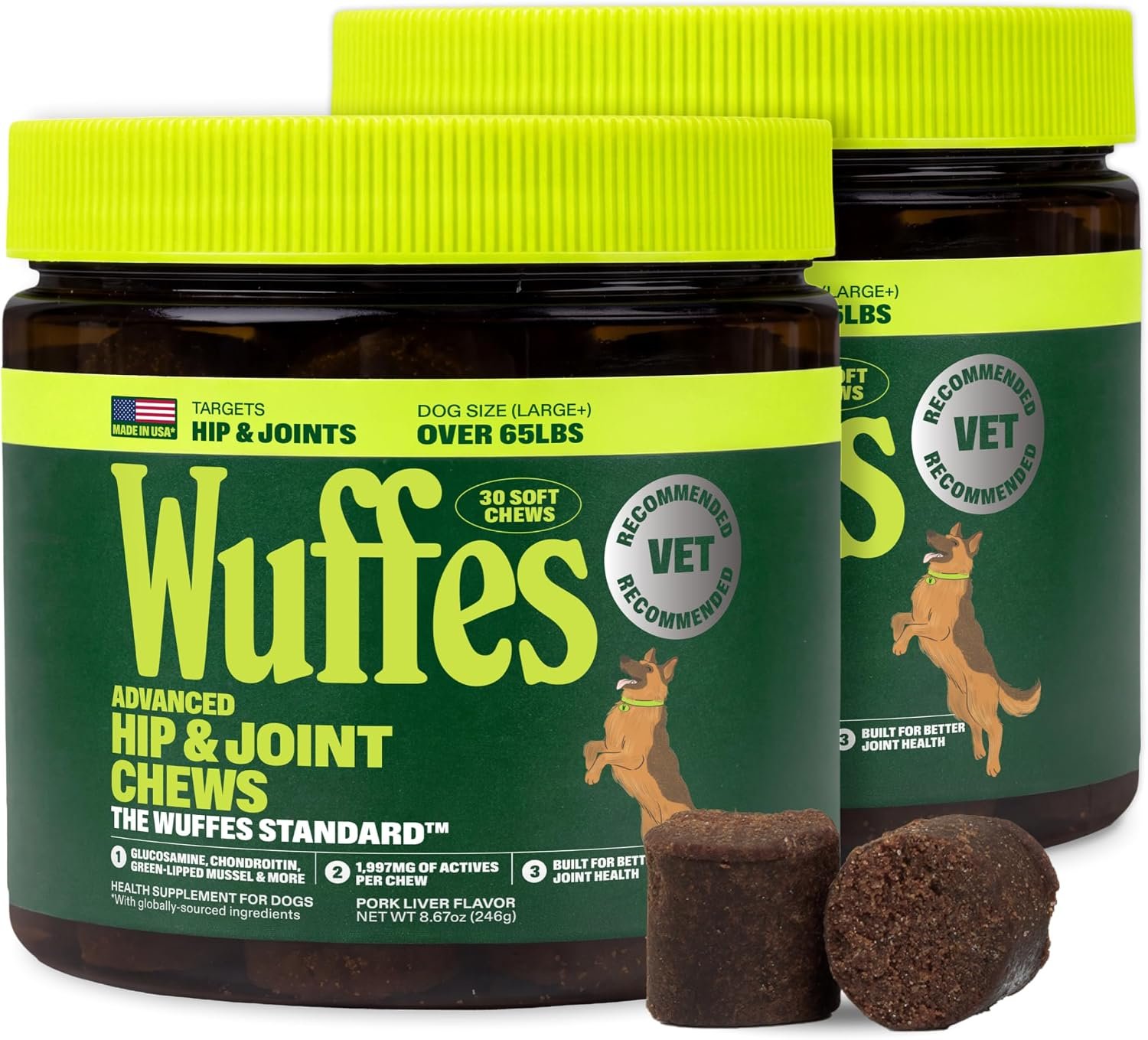 Wuffes Advanced Hip & Joint Chews for Large Breed Dogs, Vet Recommended, Glucosamine, Chondroitin, MSM, Green-Lipped Mussel, Hyaluronic Acid & Omega-3s. Supports Mobility & Flexibility. 60 Pork Chews Wuffes Advanced Hip & Joint Chews for Large Breed Dogs, Vet Recommended, Glucosamine, Chondroitin, MSM, Green-Lipped Mussel, Hyaluronic Acid & Omega-3s. Supports Mobility & Flexibility. 60 Pork Chews