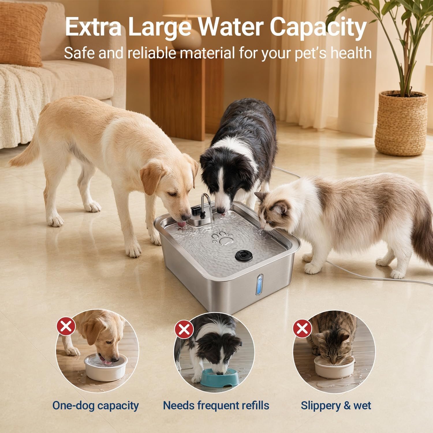 Dog Water Fountain, 4.5Gal/17L Quiet LED Blue Light Stainless Steel Pet Water Fountain for Large Dogs Indoor with 3 Replacement Filters, Multi-Filtration & Deeper Drinking Surface - Image 5