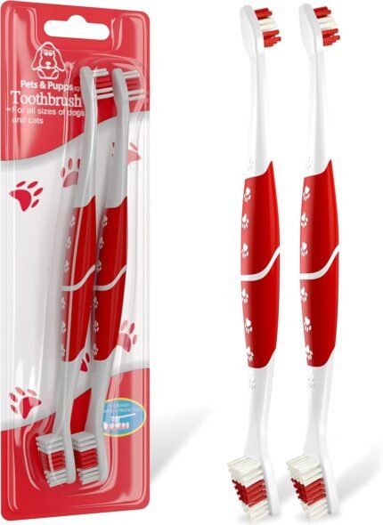 Pet Toothbrush for Dogs, Cats with Soft Bristles – Easy Teeth Cleaning & Dental Care, Non Slip Dual Head Dog Toothbrush for Medium & Large Pets, Toothpaste Not Included, Pack of 2 Red