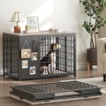 YATINEY Foldable Dog Crate Furniture, Dog Crate with DIY Frame, Heavy Duty Dog Kennel Indoor with Hooks, Wooden Dog Cage End Table, for Small/Medium Dogs, Greige DC95BG