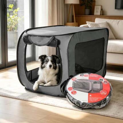 Foldable 36" Dog Crate for Medium Dogs, Portable Waterproof Pop-Up Pet Kennel with Zipper, Collapsible Lightweight Indoor Outdoor Travel Cage with Tie-Down Straps & Ground Nails (Grey)