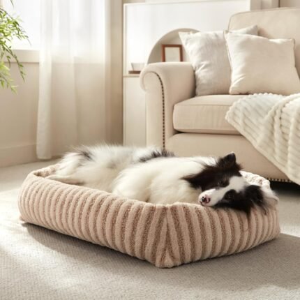 MIXJOY Dog Bed Medium Size Dog, Washable Medium Dogs Bed with Removable Cover, Soft Rectangle Doggy Ded Fluffy Plush Faux Fur Pet Bed with Anti-Slip Bottom, 30"x24"x8", Beige
