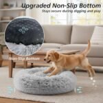 JOLLYVOGUE Calming Dog Beds Large Sized Dog, 36in Donut Washable Large Pet Bed, Anti-Slip & Anti-Anxiety Fluffy Faux Fur Round Dogs Bed, Fits up to 80 lbs Pets (Smoke Grey) - Image 5