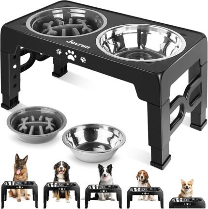 Jovrun Elevated Dog Bowls for Medium Large Size Dogs, Non-Slip Dog Feeder with 1*Stainless Steel Dishes & 1*Slow Feeder Bowl, 5 Heights Adjustable Raised Bowls to 3.15″-8.66″-9.84″-11.02″-12.2″