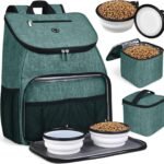BAGLHER丨Dog Travel Bag, Airline Approved Pet Supplies Backpack, Dog Travel Backpack Accessories Set with 2 Silicone Collapsible Bowls and 2 Food Baskets. Green