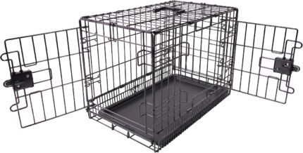 Amazon Basics Portable, Foldable Metal Wire Dog Crate with Removable Tray, Double Door, Divider Panel, 24″ x 18″ x 20″, Black
