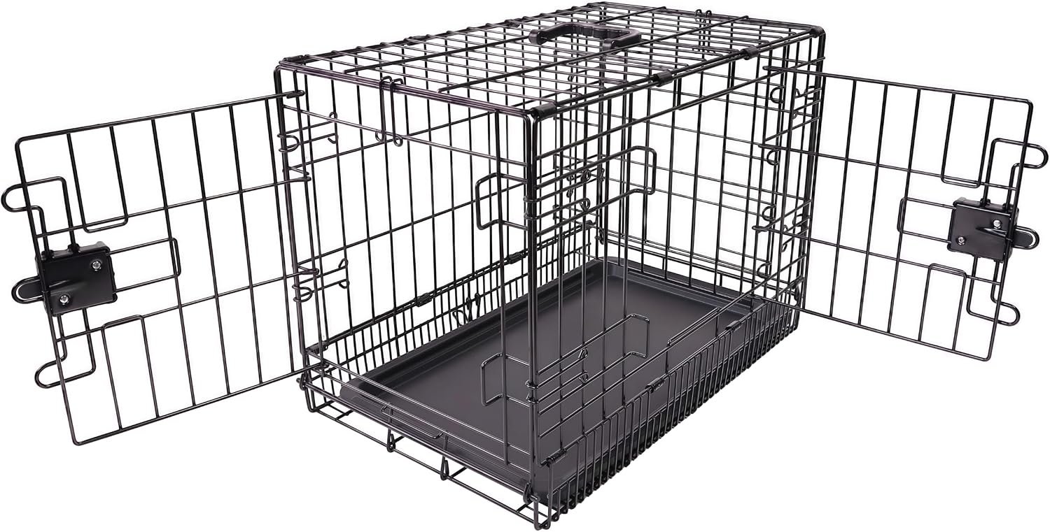Amazon Basics Portable, Foldable Metal Wire Dog Crate with Removable Tray, Double Door, Divider Panel, 24″ x 18″ x 20″, Black Amazon Basics Portable, Foldable Metal Wire Dog Crate with Removable Tray, Double Door, Divider Panel, 24″ x 18″ x 20″, Black