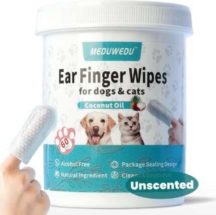 MEDUWEDU Ear Cleaner Finger Wipes 60 Counts, Dog Ear Cleaner, Grooming Kit Care for Dogs and Cats, Soft & Easy Otic Cleaning Pads, Remove Wax, Dirt & Stop Smelly, Itchy, Non-Irritating, Unscented