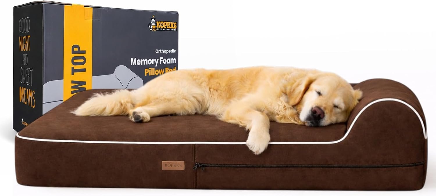 KOPEKS Orthopedic Memory Foam Dog Bed 7″ Inch Thick Extra Large Dog Bed With Pillow Brown 50″x34″x10″ Includes Waterproof Liner & Durable Removable Cover With Smart Design KOPEKS Orthopedic Memory Foam Dog Bed 7″ Inch Thick Extra Large Dog Bed With Pillow Brown 50″x34″x10″ Includes Waterproof Liner & Durable Removable Cover With Smart Design