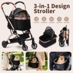 Dog Strollers for Small Dogs and Cats, 3-in-1 Pet Stroller with Removable Carrier, 4 Wheels One-Hand Fold Travel Carriage with Storage, Cup Holder and Car Seat, Black - Image 3