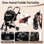 Dog Strollers for Small Dogs and Cats, 3-in-1 Pet Stroller with Removable Carrier, 4 Wheels One-Hand Fold Travel Carriage with Storage, Cup Holder and Car Seat, Black - Image 6