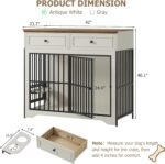 QUW 42" Modern Dog Crate Furniture, Wooden Dog Kennel for Medium to Large with 360° Rotating & 3-Levels Adjustable Height Dogs Bowl Holder, Decorative Dogs cage Pet House Indoor, Antique White - Image 3