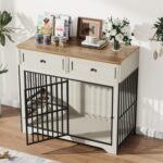 QUW 42" Modern Dog Crate Furniture, Wooden Dog Kennel for Medium to Large with 360° Rotating & 3-Levels Adjustable Height Dogs Bowl Holder, Decorative Dogs cage Pet House Indoor, Antique White - Image 4
