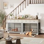 QUW 42" Modern Dog Crate Furniture, Wooden Dog Kennel for Medium to Large with 360° Rotating & 3-Levels Adjustable Height Dogs Bowl Holder, Decorative Dogs cage Pet House Indoor, Antique White - Image 5