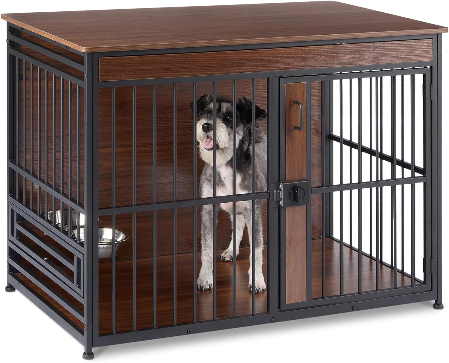 Amazon Basics Furniture Style Dog Crate, Sturdy Wooden Pet Kennel, Two Bowls Included, 41″ x 23.6″ x 29.5″, Walnut Amazon Basics Furniture Style Dog Crate, Sturdy Wooden Pet Kennel, Two Bowls Included, 41″ x 23.6″ x 29.5″, Walnut