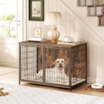 MAHANCRIS Dog Crate Furniture with Cushion, Wooden Dog Kennel with Double Doors, Heavy Duty Dog Cage for Small/Medium/Large Dogs, Indoor Dog House End Table, 39.4″ L, Rustic Brown DCHR10701