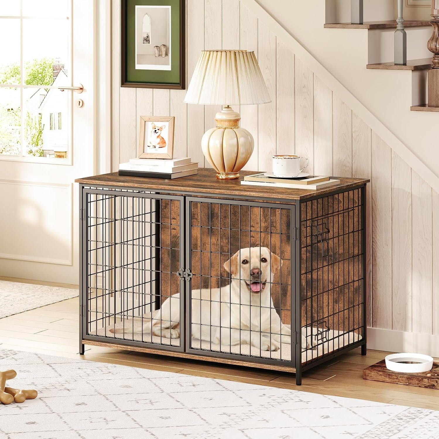 MAHANCRIS Dog Crate Furniture with Cushion, Wooden Dog Kennel with Double Doors, Heavy Duty Dog Cage for Small/Medium/Large Dogs, Indoor Dog House End Table, 39.4″ L, Rustic Brown DCHR10701 MAHANCRIS Dog Crate Furniture with Cushion, Wooden Dog Kennel with Double Doors, Heavy Duty Dog Cage for Small/Medium/Large Dogs, Indoor Dog House End Table, 39.4″ L, Rustic Brown DCHR10701