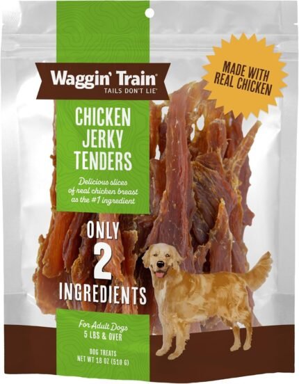Waggin’ Train Chicken Jerky Dog Treats, Made with 100% Real Chicken Breasts, Only Two All-Natural Ingredients, Great High Protein Dog Treat, Easily Digestible for Big or Small Dogs, 18 oz. Pouch